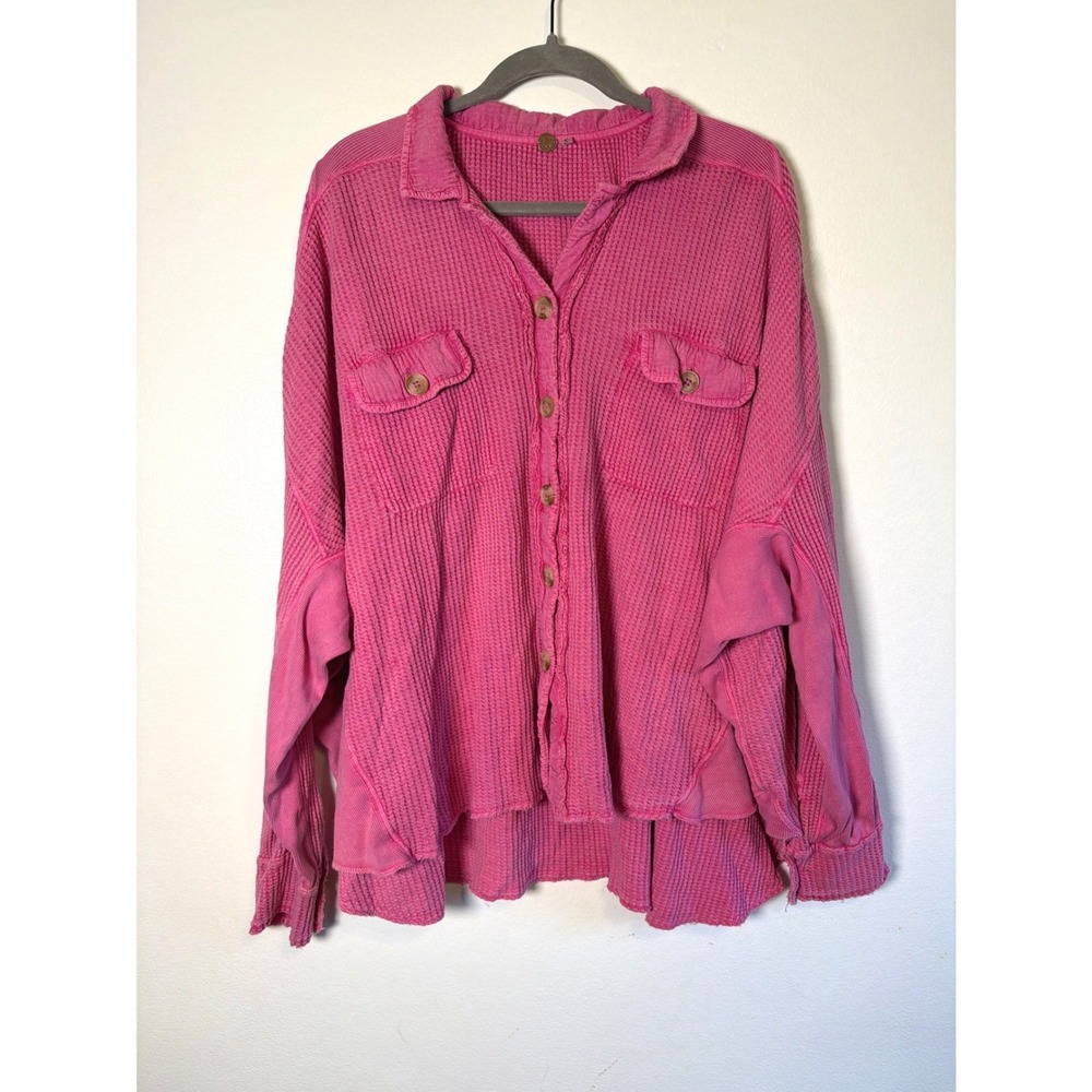 Free People FP One Pink Waffle Knit Thermal Button Down Oversized Shacket M Boho